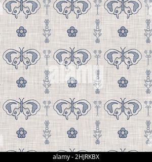 Farmhouse blue butterfly linen seamless pattern. Tonal french country cottage style farm animal background. Simple vintage rustic fabric textile Stock Photo