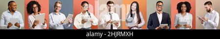 Modern Business. Multiethnic men and women using digital tablets for remote work Stock Photo