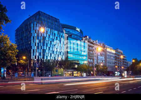 Energy efficient office buildings at Paseo de la Castellana street, Nuevos Ministerios district. Madrid, Spain. Stock Photo