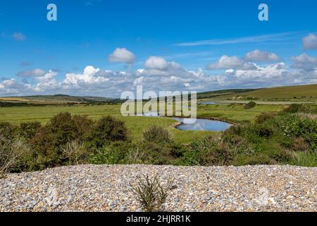 Looking back from the beach at Cuckmere Haven towards the Cuckmere Valley Stock Photo