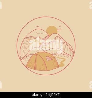 A camping emblem with hand-drawn doodle-style elements. Mountains, tent. Items for camping and outdoor recreation. Stock Vector