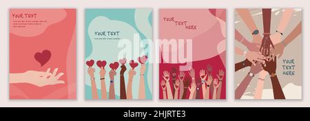 Flyer brochure with volunteer group of people - editable poster template. Raised arms of people holding a heart in their hand. Hands in a circle Stock Vector