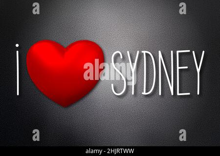 I love Sydney - heart shape, black background - 3D illustration Stock Photo