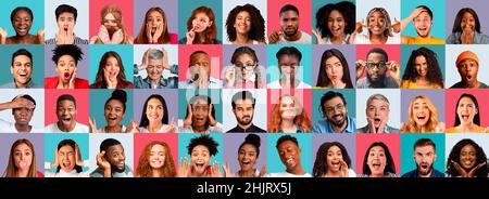Men and women posing on studio backgrounds, showing different emotions Stock Photo