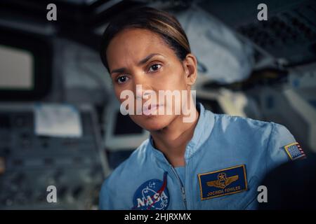 Moonfall (2022) directed by Roland Emmerich and starring Halle Berry as astronaut Jo Fowler. A mysterious force knocks the Moon from its orbit around Earth and sends it hurdling on a collision course with life as we know it. Stock Photo