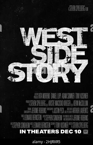 West Side Story (2021) directed by Steven Spielberg and starring Ansel Elgort, Rachel Zegler and Ariana DeBose. An adaptation of the 1957 musical, West Side Story explores forbidden love and the rivalry between the Jets and the Sharks, two teenage street gangs of different ethnic backgrounds. Stock Photo