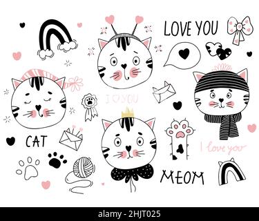 Cat Collection. Portraits of cat characters - in winter hat and scarf, with crown and hearts, sleepy in nightcap. Background with letters, rainbow and Stock Vector