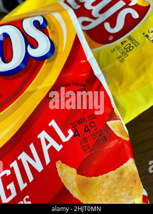 Close-up of expensive salty snack chips bags, USA Stock Photo