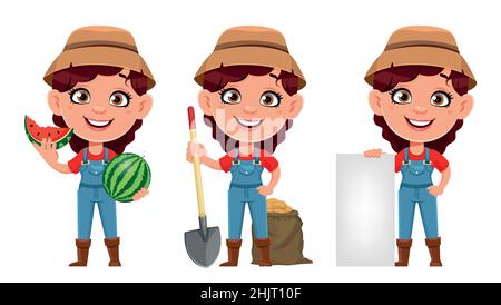 Farmer woman cartoon character, set of three poses. Cute girl farmer. Stock vector illustration isolated on white background Stock Vector