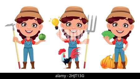 Farmer woman cartoon character, set of three poses. Cute girl farmer. Stock vector illustration on white background Stock Vector