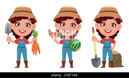 Farmer woman cartoon character, set of three poses. Cute girl farmer. Stock vector illustration Stock Vector