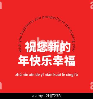 Happy chinese new year 2022 greeting text in chinese character calligraphy with the meaning Literal translation in english as : Wish You happiness and Stock Vector
