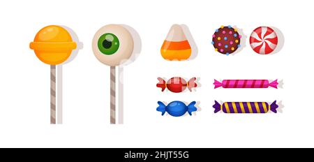 Cartoon candies set for halloween. Eye lollipop, long candy, isolated Stock Vector