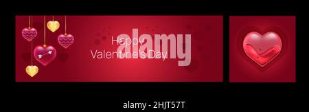 Saint Valentines day banners set. Horizontal and square template for advertisign. Social media post design with glass hearts. Stock Vector