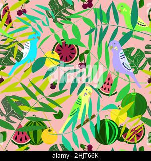 pattern bright wavy parrot in palm leaves Stock Vector