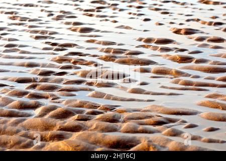 A low level shot of the ripples created in the sands of a beach with the ebb and flow of the tides, lit obliquely by a low winters afternoon sun. Stock Photo