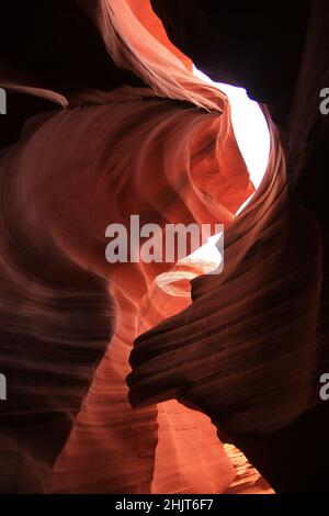 The contrast between the shadows and the lights inside the narrow red Antelope Canyon in Arizona Stock Photo