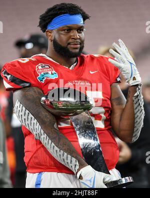 Menifee, California, USA. 29th Jan, 2022. Jan 29, 2022; Pasadena, CA USA; National Team player JORDAN TUCKER (75) holds the NFLPA Collegiate Bowl championship trophy at the Rose Bowl Final score National team: 25 American team:24 Mandatory Credit Zuma Press. (Credit Image: © Ardie Crenshaw/ZUMA Press Wire) Stock Photo