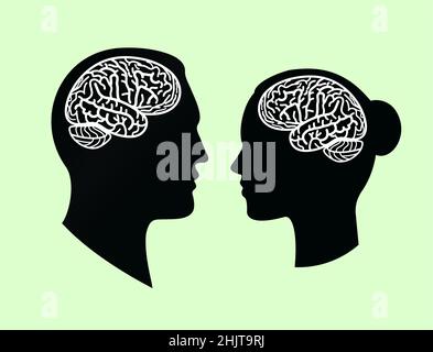 brain convolutions in male and female black human head silhouette, flat vector illustration Stock Vector