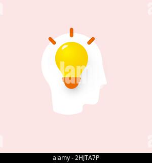 3D Light bulb in human head silhouette, idea for brainstorming graphic, busines infographic design element, isolated vector illustration. Stock Vector