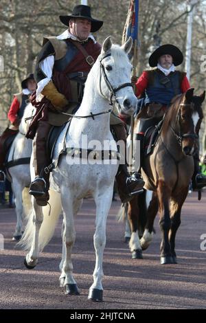 Royalist Reenactment Along The Mall. For the past 49 years, The King's Army — a royalist branch of the English Civil War Society — has commemorated what they call 'His Majestie's horrid murder', and on Sunday 30 January 2022, they returned for their 50th parade. Stock Photo