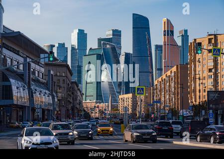 Moscow, Russia - October 27, 2020: View of the Moscow City International Business Center and Bolshaya Dorogomilovskaya Street Stock Photo