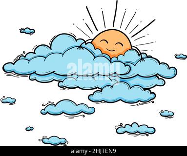 Sun and Cloud kids drawing for nursery in cartoon outline style. Blue boy vector illustration isolated on white Stock Vector