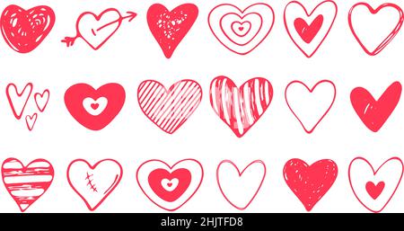 Set of hand drawn hearts. Handdrawn rough marker doodle hearts isolated on white background. Vector graphic illustration Stock Vector