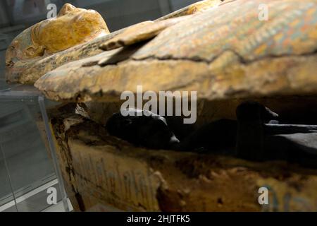 Internal sarcophagus painted 'yellow Coffin' with the mummy of a 25-year-old woman, on display in the Egyptian collection at the National Archaeological Museum of Naples 'Mann', second in Italy after the Egyptian Museum in Turin.Napoli, Italy, January 31, 2022. Credit: Vincenzo Izzo/Alamy Live News Stock Photo