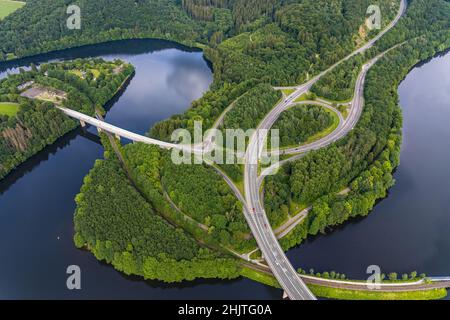 Aerial view, Lake Bigge, bridge state road L512, bridge federal road B54, Olpe town, Olpe, Sauerland, North Rhine-Westphalia, Germany, Biggetalsperre, Stock Photo