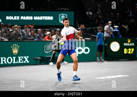 Novak Djokovic of Serbia during the Rolex Paris Masters 2021, ATP Masters 1000 tennis tournament, on November 2, 2021 at Accor Arena in Paris, France. Stock Photo