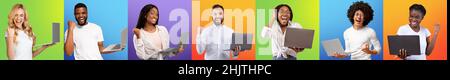 Collage of overjoyed diverse men and women using laptop computers and celebrating success, panorama Stock Photo