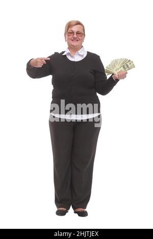 Mature lady holding a bunch of 100-dollar bills with surprised facial expression Stock Photo