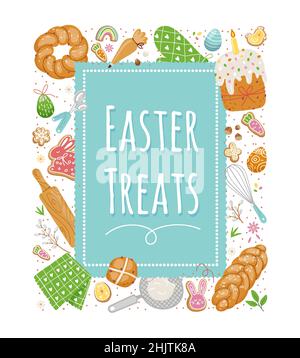 Easter treats.Traditional spring food.Colorful egg.Template cooking book Stock Vector
