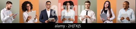 Set Of Different Business People With Digital Tablets Posing Over Colorful Backgrounds Stock Photo