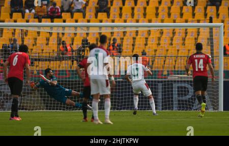 Yaoundé, Cameroon, January, 30, 2022: Sofiane Boufal of Morocco scoring their first goal during Morocco vs Egypt - Africa Cup of Nations at Ahmadou Ahidjo Stadium. Kim Price/CSM. Stock Photo