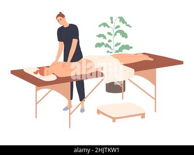 The masseur massages the back of the client. Manual therapy, chiropractic, pain or muscle relaxation treatment. Stock Vector