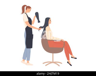 The hairdresser styles the hair and dries it with a hair dryer Stock Vector