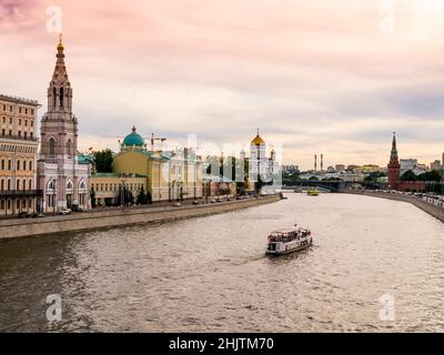 Russia, stunning view of Moscow city center at sunset, with kremlin, cathedral of Christ the Saviour and Moskva river Stock Photo