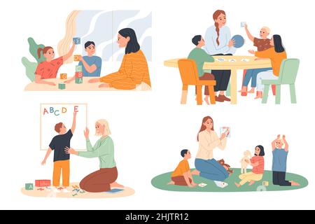 Educating and teaching children through play in kindergarten. Teachers or parents are involved with the kids. Stock Vector