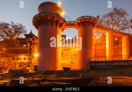 Night view at dusk of Lalita Ghat from the River Ganges in Varanasi (formerly Banaras or Benares), a city in Uttar Pradesh, north India Stock Photo