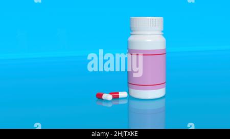 3D rendering. A jar of pills with an empty label. There are two pills next to the jar. Stock Photo