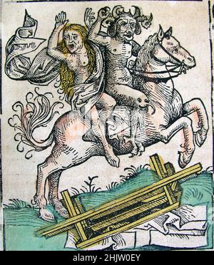The devil rising on horseback, an illustration from the Nuremberg Chronicles which was an encyclopedia of history and mythology published in 1493 Stock Photo