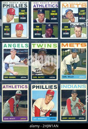 Collection of 1964 Topps baseball cards in a sleeved page. Stock Photo