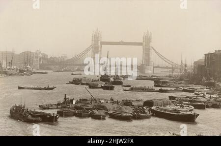 Antique circa 1890 photograph of the Tower Bridge on the River Thames in London, England. SOURCE: ORIGINAL ALBUMEN PHOTOGRAPH Stock Photo