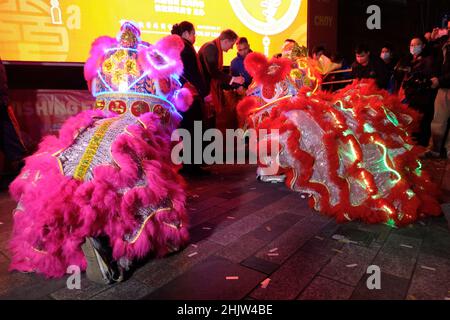 London, UK, 31st Jan, 2022. An official 'dots the eye' on a lion during a scaled-back Chinese New Year celebration held in Chinatown on the eve of the Lunar New Year. The annual parade was cancelled for the second year running due to Covid pandemic-related issues. Visitors enjoyed a lion dance and a night market, with stalls offering street food, Chinese couplets, gifts and more, to welcome in the Year of the Tiger. Credit: Eleventh Hour Photography/Alamy Live News Stock Photo