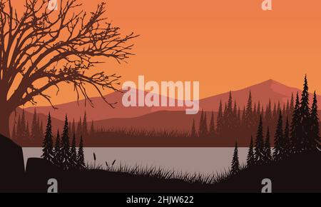 Stunning mountain views from the riverside at sunset with fantastic silhouettes of dry trees all around.Vector illustration of a city Stock Vector