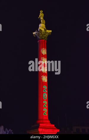 London, UK. 31st Jan, 2022. '2022' is seen projected onto Nelson's Column in Trafalgar Square in celebration of the Chinese New Year. This year marks the Year of the Tiger. (Photo by Vuk Valcic/SOPA Images/Sipa USA) Credit: Sipa USA/Alamy Live News Stock Photo