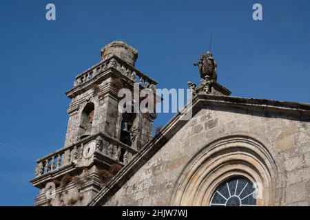 Facade of the Igrexa de Santiago de Redondela with a figure of Santiago Matamoros on horseback along the Camino Portuguese in Redondela, Spain. This l Stock Photo