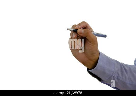 hand holding a pen writing on a white background.Clipping path Stock Photo
